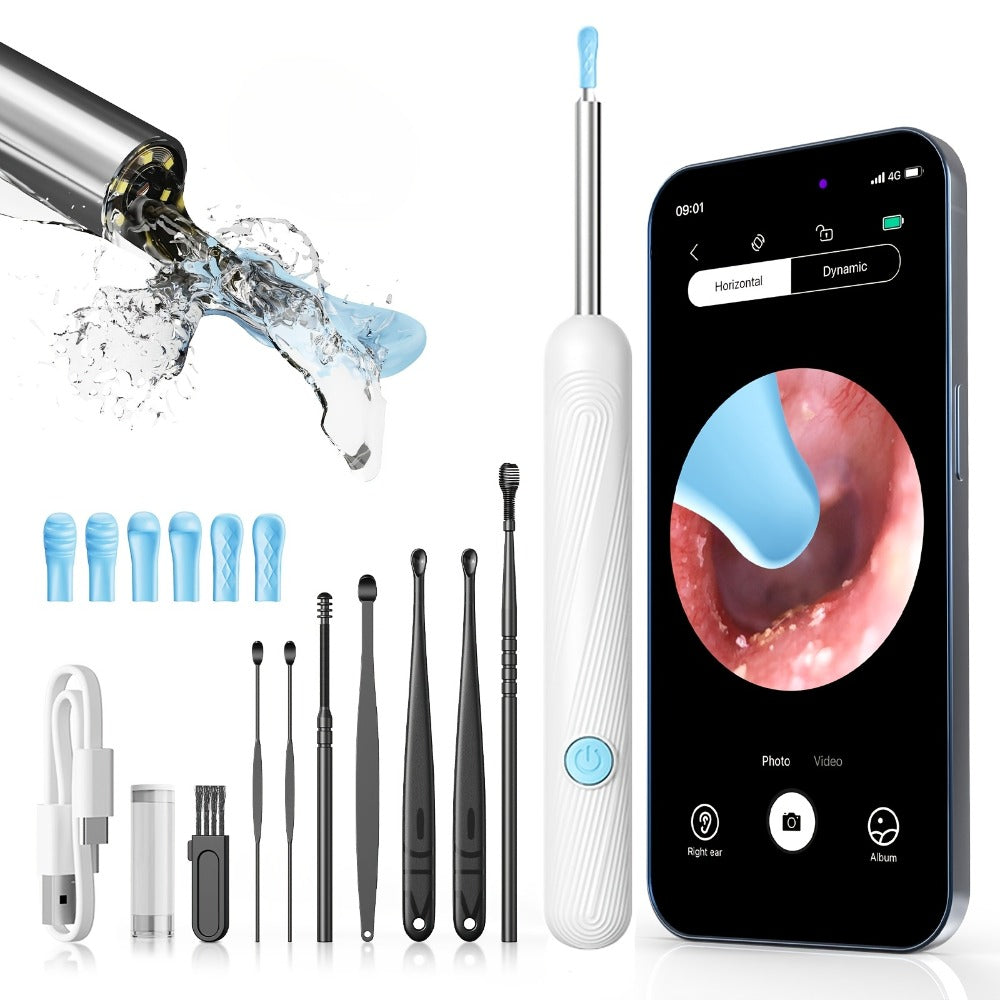 Ear Wax Removal Camera Visual Ear Cleaner 1080P HD – 6 Safety Ear Spoons 7-Piece Kit, USB Charging, Real-Time Smartphone Inspection, Portable Ear Cleaning Tool for Adults Kids, Black and White