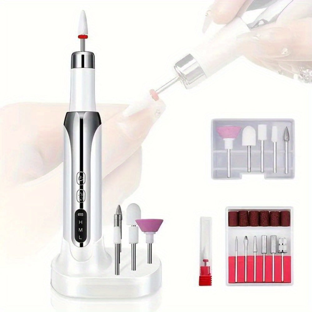 Electric Nail Drill Cordless USB Rechargeable 12 Bits Sanding Bands Manicure Pedicure Kit Low Noise Portable Pen Style Home Salon Beginner Professional Golden White