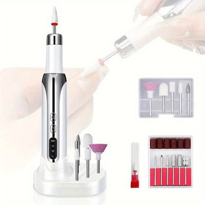 Electric Nail Drill Cordless USB Rechargeable 12 Bits Sanding Bands Manicure Pedicure Kit Low Noise Portable Pen Style Home Salon Beginner Professional Golden White