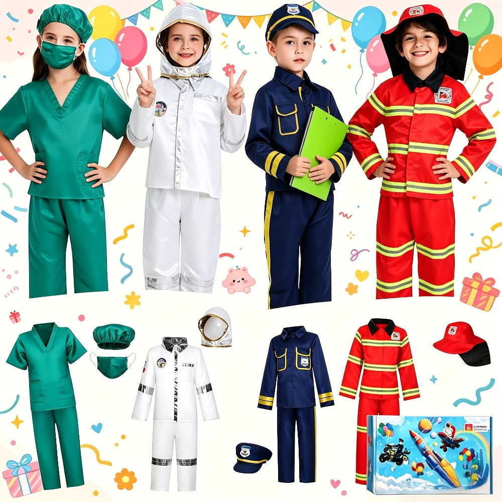 Kids Dress Up Costumes Set 4-in-1 – Firefighter, Police, Astronaut & Doctor Role Play Clothes for Boys Girls Ages 3-6, Birthday Christmas Halloween Career Day Gift