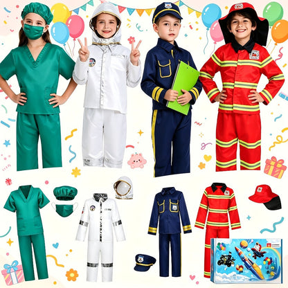 Kids Dress Up Costumes Set 4-in-1 – Firefighter, Police, Astronaut & Doctor Role Play Clothes for Boys Girls Ages 3-6, Birthday Christmas Halloween Career Day Gift