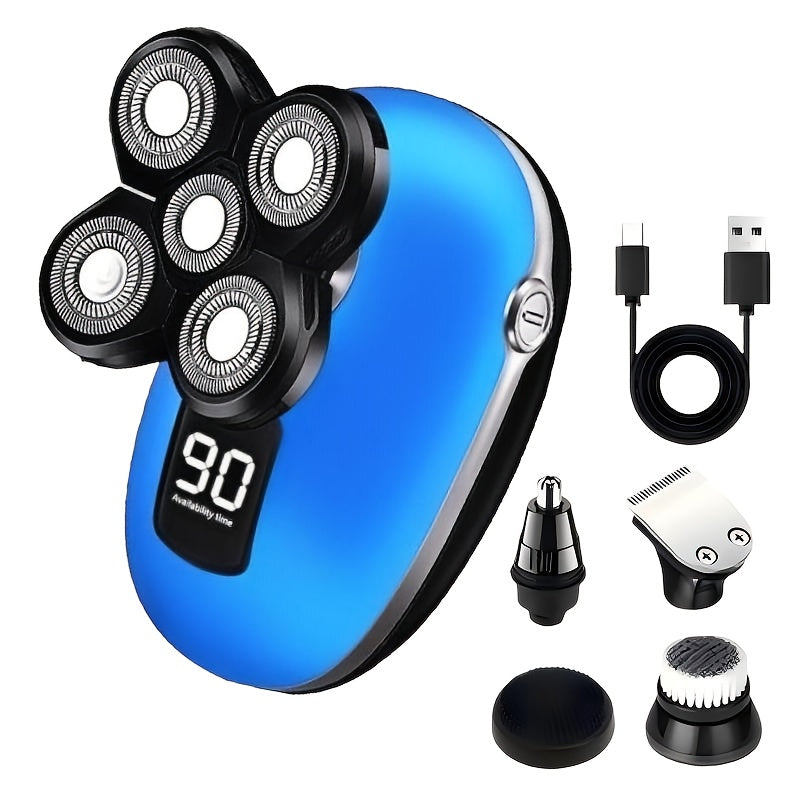 5-in-1 Electric Shaver for Men and Women IPX6 Waterproof — USB Rechargeable Body Hair Trimmer Grooming Kit with Interchangeable Heads for Bald Head, Hair, Nose, Sideburn & Facial Cleansing (Pink/Blue/Black)