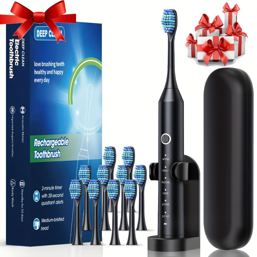 Rechargeable Toothbrush – 6 Cleaning Modes, 500mAh Lithium Battery, USB Charging, Soft Bristles, 4 or 8 Brush Heads, Black White Pink Electric Toothbrush for Adults Deep Clean & Whitening