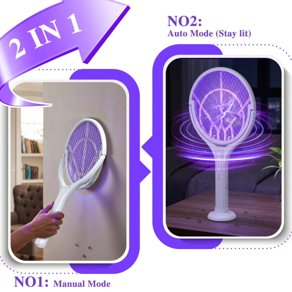 Electric Fly Swatter Racket 4000V – Rechargeable Mosquito Killer Zapper with Auto One-Touch Kill, Detachable Head, USB Type-C Charging, Cordless Bug Zapper for Indoor & Outdoor Use, Pet-Safe Pest Control