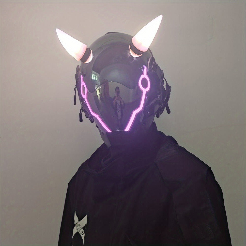 Electric Pink Punk Cosplay Mask with Helmet – Battery-Powered LED Full Face Mask for Halloween, Christmas, Easter, Rave Music Festival & Party, Unisex Adult Costume Prop, Cool Gift for Men & Women