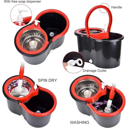 360 Spin Mop and Bucket Set with Wringer - Stainless Steel Extended Handle Spinning Mop Bucket System with Microfiber Mop Refills for Hardwood, Tile & Laminate Floor Cleaning, Black Blue Pink Red