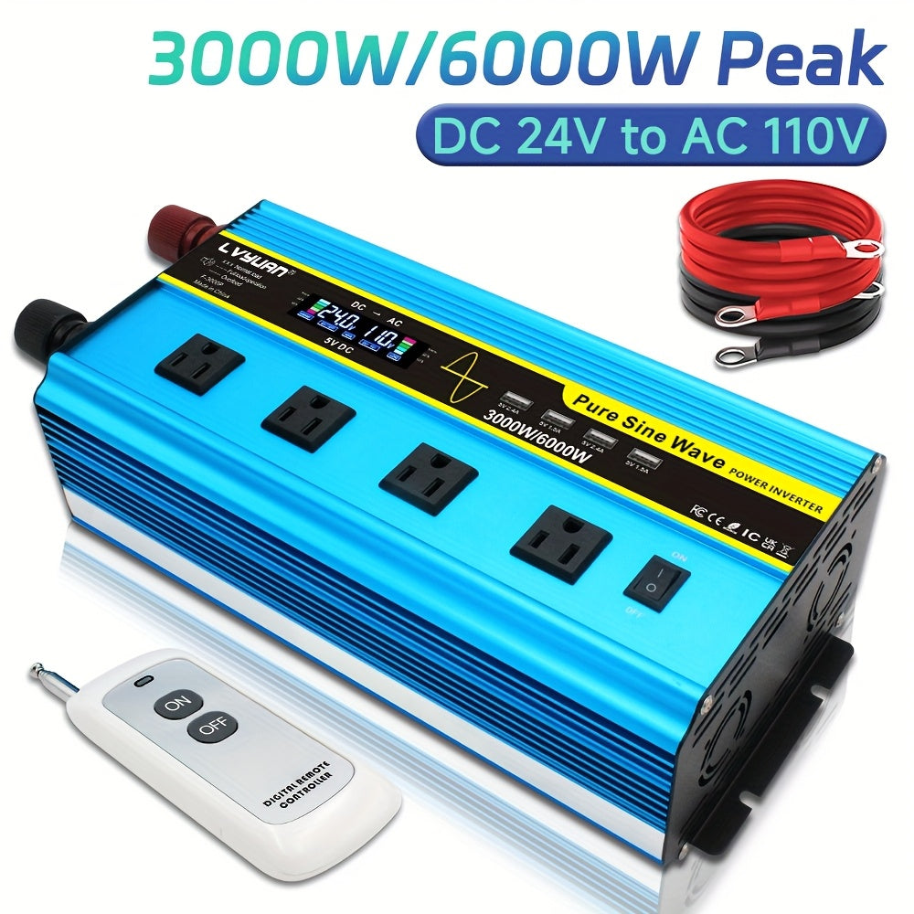 LVYUAN Pure Sine Wave Inverter 3000 Watt/6000W(Peak)Inverter 12V to 110V DC to AC with Remote Controller, LCD Display 4 AC Sockets And 4 USB Charge Ports for Home Car Truck Solar System