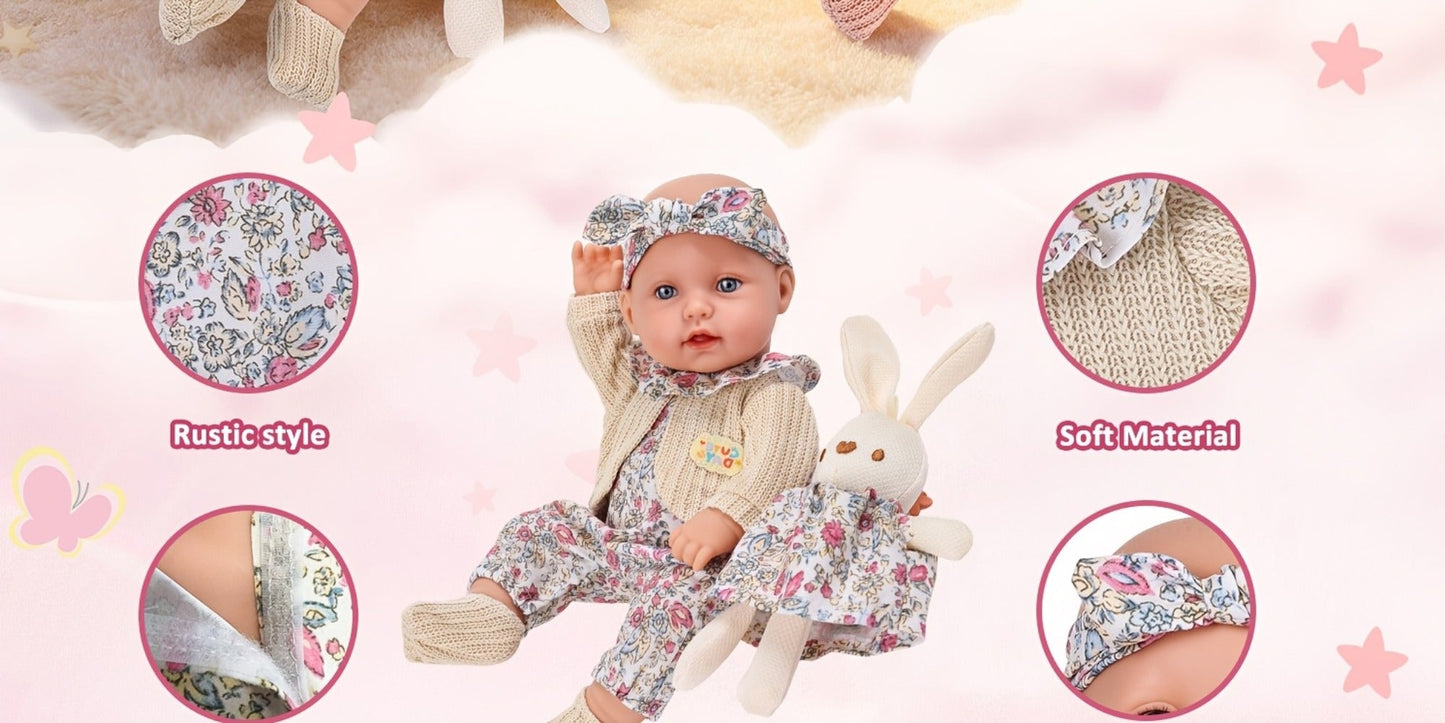 Floral Dress Baby Doll 12 Inch with Rabbit Plush Toy Gift Set – Realistic Vinyl Doll with Floral Outfit, Headscarf, Socks & Bunny Toy, Creative Dress-Up Playset for Girls Ages 3+, Birthday Holiday Gift