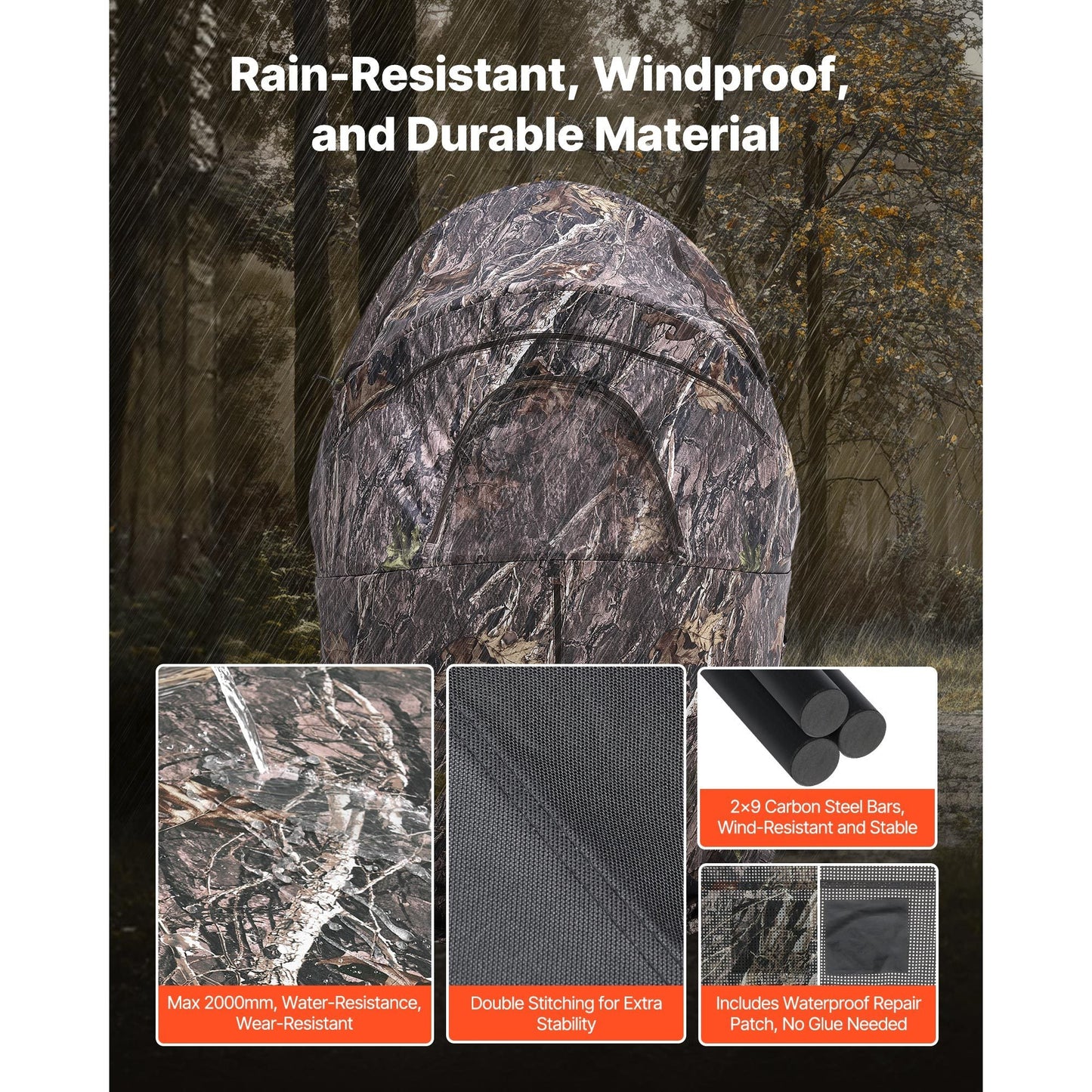 Hunting Blind Ground Blind for Deer Duck Turkey Hunting Single Person Pop Up Blind with Carrying Bag 44x36x53 In Camouflage Waterproof 150D Fabric Silent Half-Zipper Door