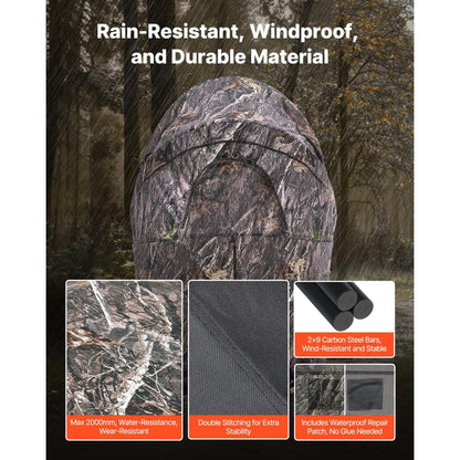 Hunting Blind Ground Blind for Deer Duck Turkey Hunting Single Person Pop Up Blind with Carrying Bag 44x36x53 In Camouflage Waterproof 150D Fabric Silent Half-Zipper Door
