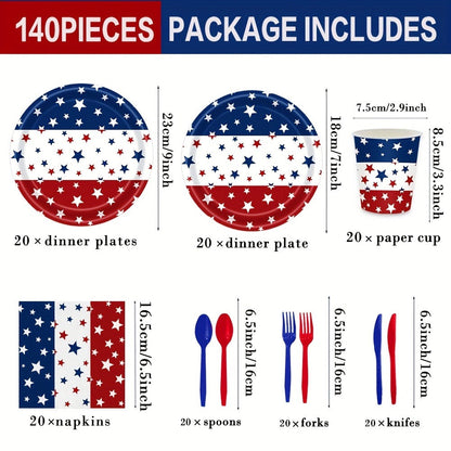 4th of July Party Supplies 140 Pcs – Patriotic Disposable Paper Plates & Napkins for Independence Day BBQ, Memorial Day & Red White Blue Party Decorations Serves 20 Guests