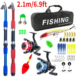 Complete set of two 2.1-meter red and blue fishing rods with reel
