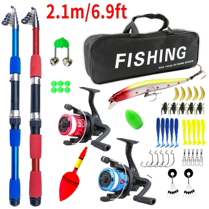 Beginner Fishing Rod & Reel Set – Couple Double Rod Wheel Kit with Red & Blue Fishing Poles 70.87" & 82.68", Complete Fishing Gear Equipment for Beginners Kids Men Women, Freshwater Starter Pack