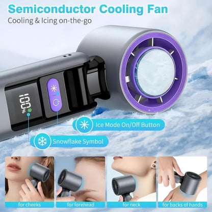 Handheld Ice Pack Fan High-Speed Semiconductor Cooling | 100-Speed Digital Display Turbo Fan with LED Light, Foldable Portable Design for Outdoor, Travel & Daily Use – Purple, Beige, Pink, Black & White