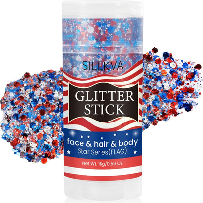 Glitter Makeup Stick Red & Blue Multi-Use Glitter Gel for Face Hair & Body – Patriotic American Flag Theme for July 4th Independence Day Sports Events & Stage