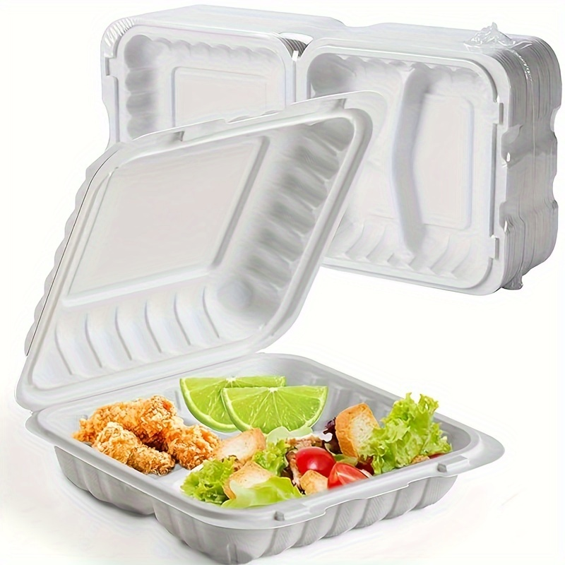 Disposable Food Containers Take Out Boxes with Lids - 7" 8" 9" Plastic Clamshell Meal Prep Containers BPA Free 1 & 3 Compartment Heavy Duty Reusable White