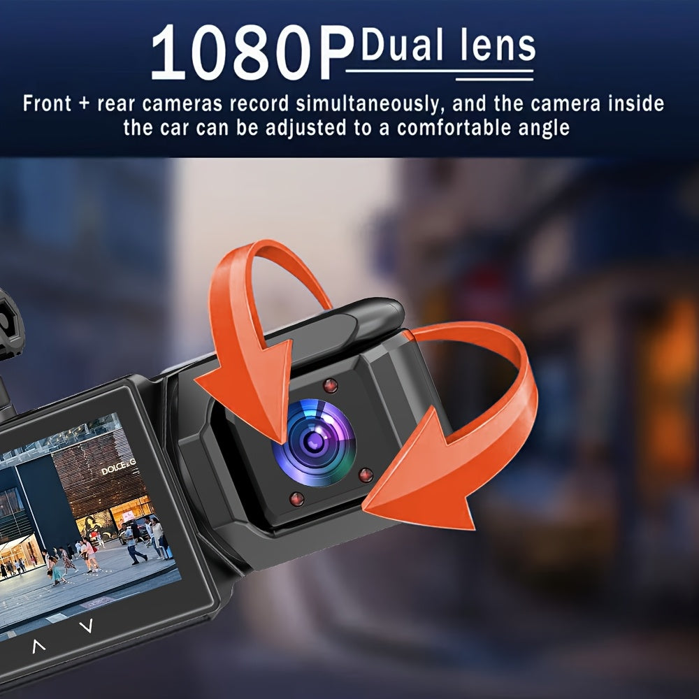1080P Dash Cam with 3 Cameras Front Built-In Rear Infrared Night Vision 170° Wide-Angle Built-In Audio 32GB Card Connection to Smartphone Loop Recording G-Sensor 24 Parking Monitor