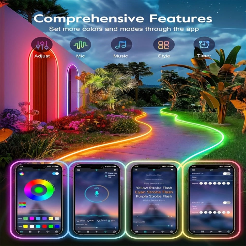 RGB LED Rope Lights with App & Remote Control, IP65 Waterproof Flexible Neon Strip, Music Sync, Multiple Modes, for Gaming Setup, Bedroom, Living Room, Indoor & Outdoor Decoration – 10m & 20m Available