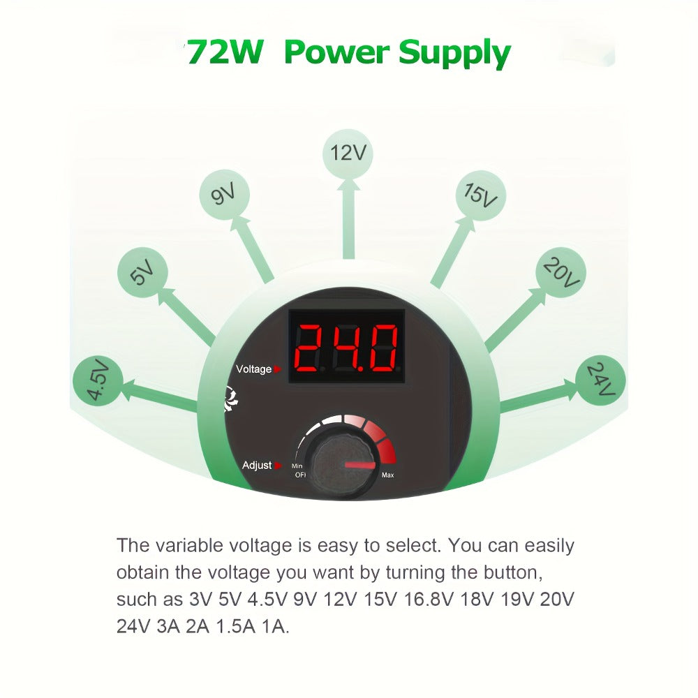 Adjustable AC to DC Power Adapter 72W - 3-24V Variable Power Supply with LCD Voltage Display, Knob Control, 15 Interchangeable Tips, Overvoltage & Short Circuit Protection, 100-240V Universal Input