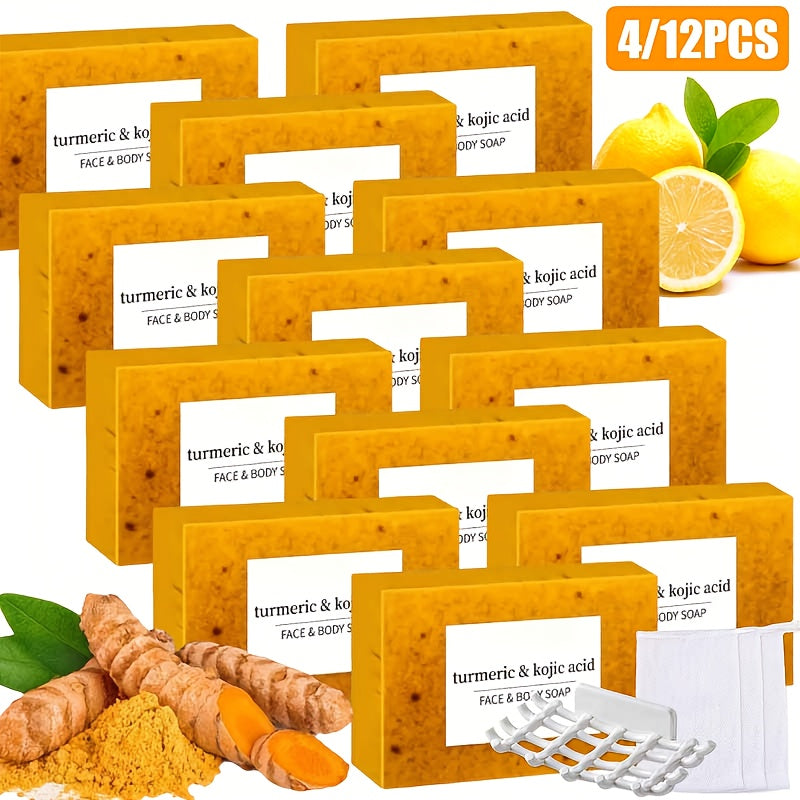 Turmeric Kojic Acid Soap Bar with Lemon Honey Natural Handmade Brightening Soap 12 Bars 100g Each with Bubble Net for Dark Spots Hyperpigmentation Glowing Skin Face Body All Skin Types