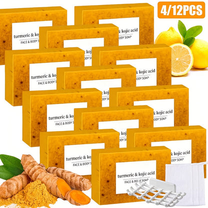 Turmeric Kojic Acid Soap Bar with Lemon Honey Natural Handmade Brightening Soap 12 Bars 100g Each with Bubble Net for Dark Spots Hyperpigmentation Glowing Skin Face Body All Skin Types