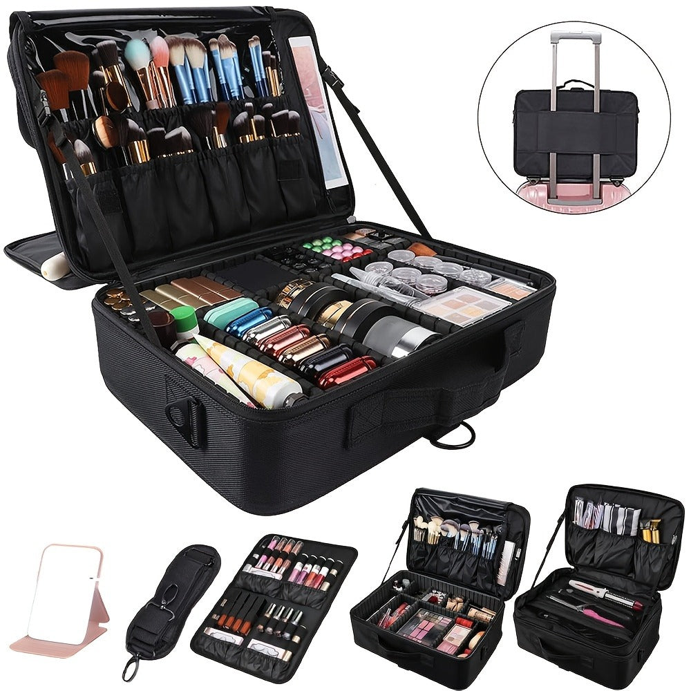 Professional Makeup Train Case 3-Layer 15.8 Inch Large Cosmetic Organizer with Adjustable Dividers Brush Holder Shoulder Strap for Makeup Artist Travel Studio Black