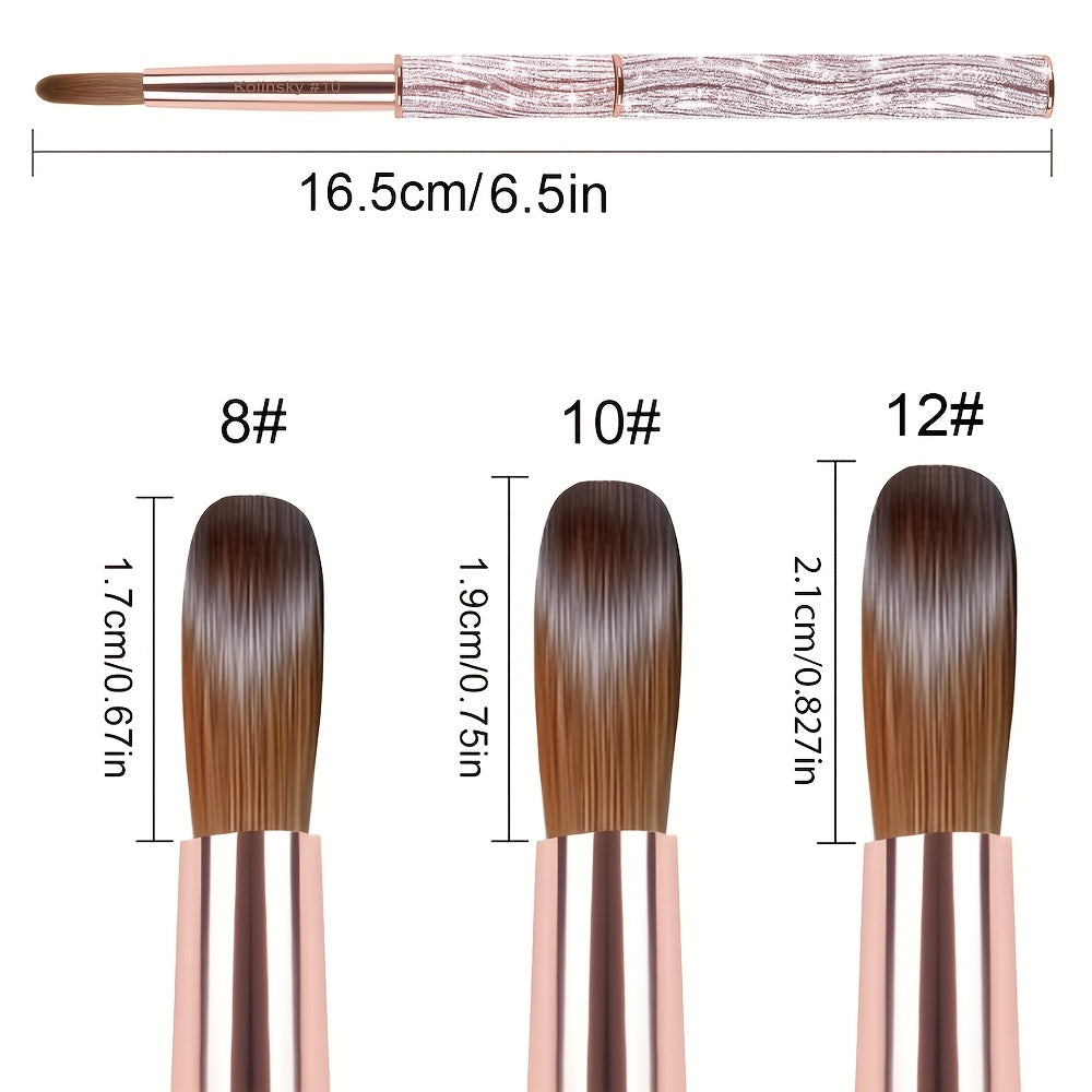 Kolinsky Nail Brush Pink Sparkling Metal Handle – Round Head Acrylic Nail Art Brush for Extensions & Manicure, Sizes #8 #10 #12 & 3-Piece Set, Genuine Kolinsky Hair Bristles for Salon & Home Professional Use