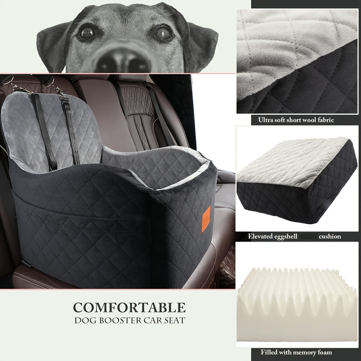 Dog Booster Car Seat for S/M Dogs Up to 35lbs, Soft 6in Elevated Cushion, Fits In Front/Back Seat, Fully Detachable And Washable, 2 Storage Pockets & 3 Straps, Easy to Install