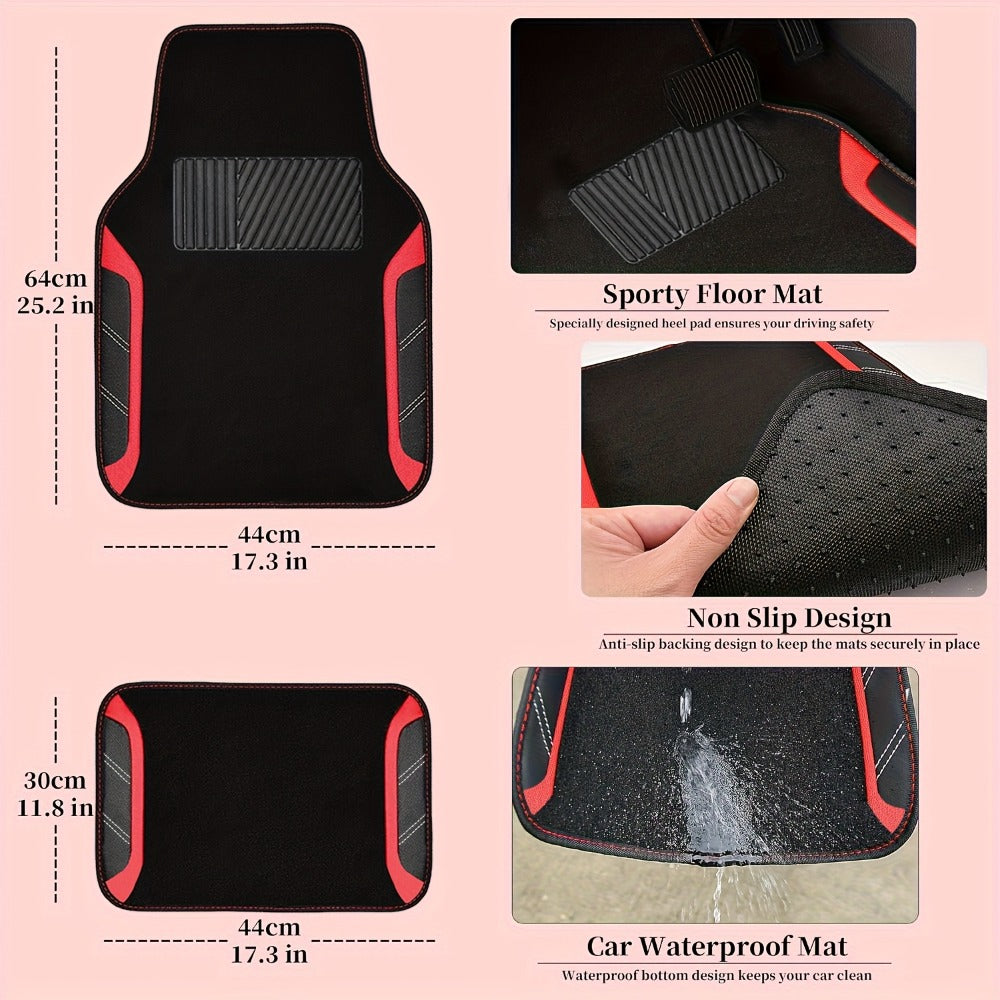 Steering Wheel Cover & Waterproof Car Floor Mats Combo Set – Microfiber Anti-Slip Universal Fit 14.5-15 Inch for 95% Sedan SUV Cars – Sporty Comfortable Design (Black & Blue / Beige / Red / Pink / Gray)