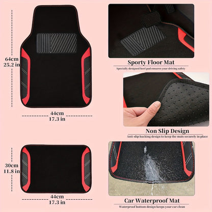 Steering Wheel Cover & Waterproof Car Floor Mats Combo Set – Microfiber Anti-Slip Universal Fit 14.5-15 Inch for 95% Sedan SUV Cars – Sporty Comfortable Design (Black & Blue / Beige / Red / Pink / Gray)