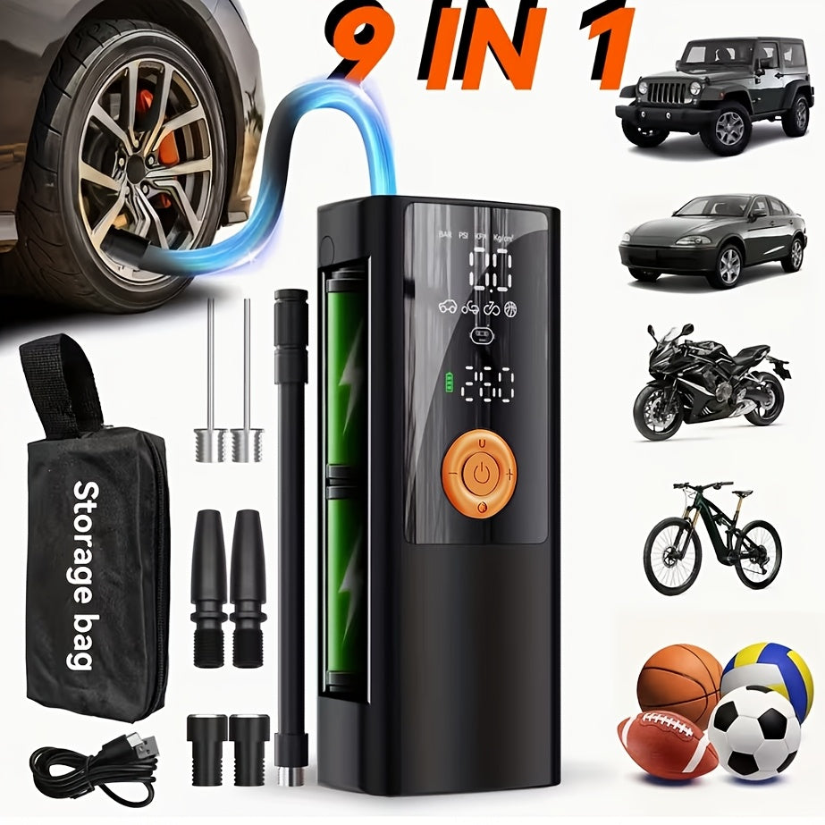 Portable Tire Inflation Pump - Wireless Electric Inflator, Equipped with Tire Pressure Gauge, LED Lighting, Inflation Nozzle with Multifunctional Adapter, Suitable for Cars, Motorcycles, Bicycles, Balls, Etc, Tire Pump And Jumper, Tire Air Compressor