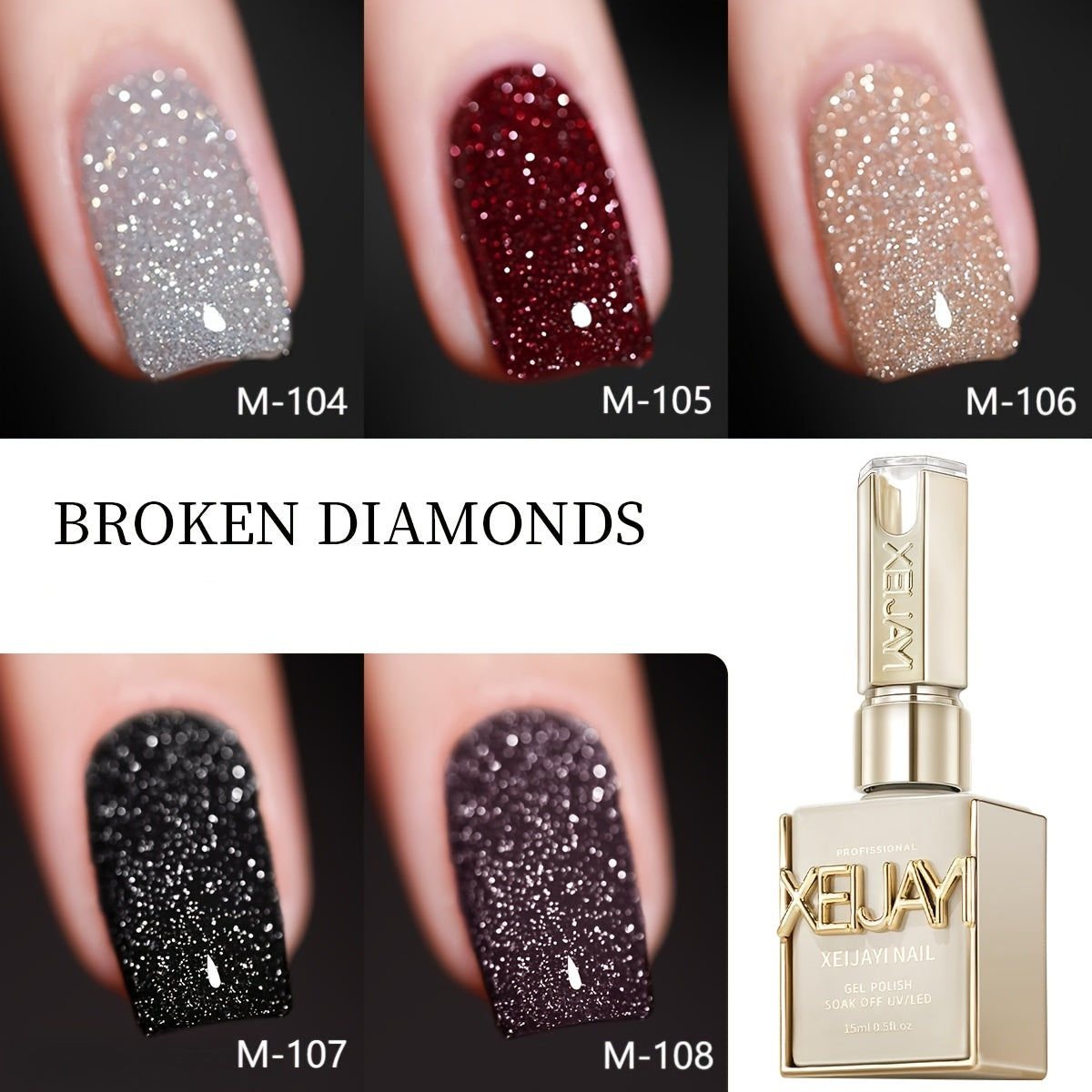 Glitter Gel Nail Polish Set 5 Colors Broken Stone Sparkling – Semi Permanent Soak Off UV LED Nail Gel 0.51oz Each, Long Lasting Multi-Dimensional Glitter Nail Art Polish for Salon & DIY Home Use