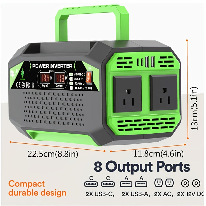 1000/500W Portable Power Inverter 12V DC to 110V AC Converter Featuring Stable Output And A Rugged, Durable Design Comes Without A Battery And Is Equipped with An LCD Display 2 Universal Outlets 2 USB Ports 2 Type-C Ports Home Outdoor RV Camping Use
