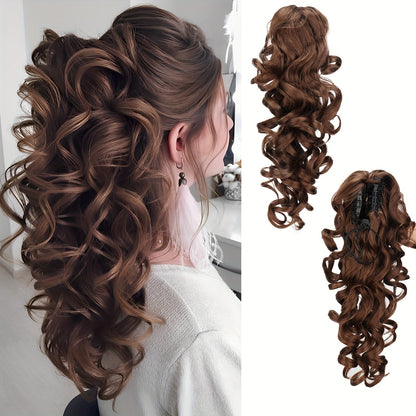 Scroll Curl Claw Clip Ponytail Extension Gradient Color 16 Inch | Synthetic Heat Resistant Hairpiece 5 Colors Linen Brown Golden Grey for Women Daily Wear & Special Occasions