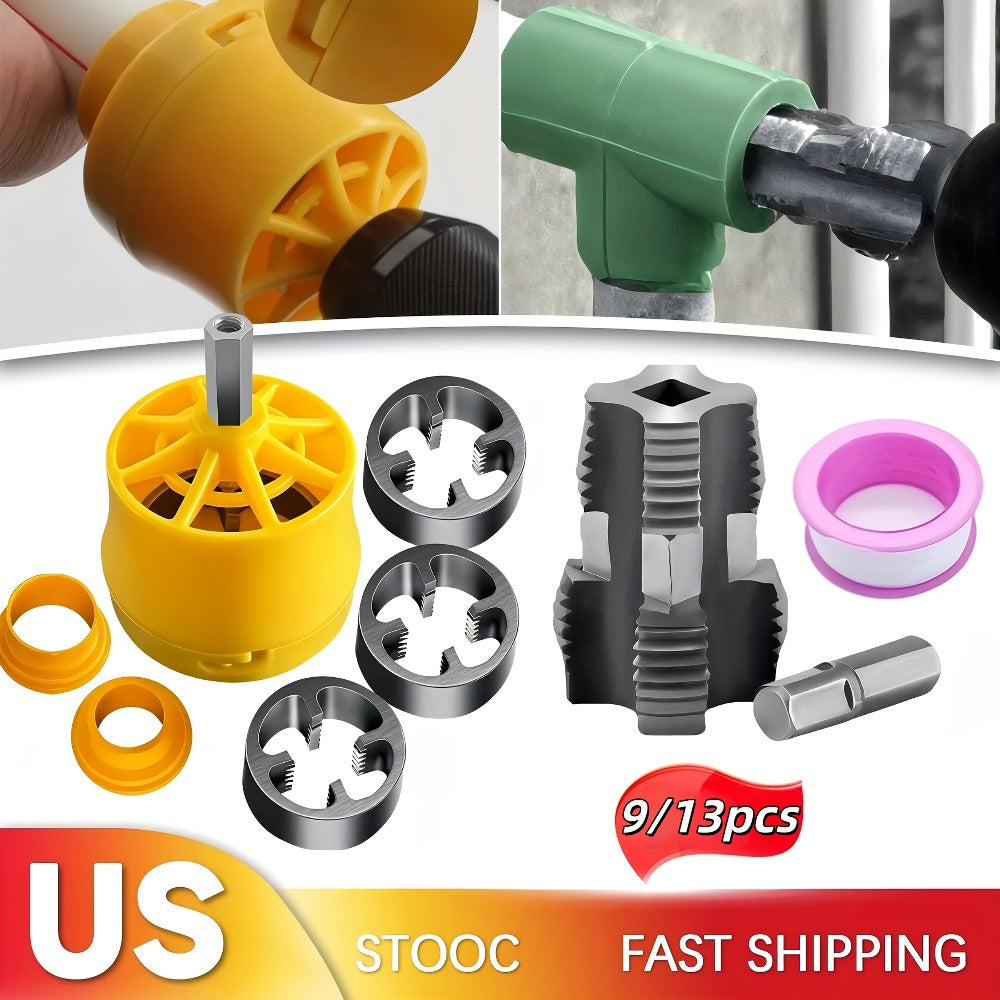 Pipe Threading Set 9 & 13-Piece – Power Drill Water Pipe Thread Dies for 1/2", 3/4" & 1" Inside & Outside Threading, Professional Plumbing Pipe Threader Tool Kit