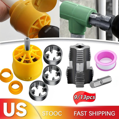 Pipe Threading Set 9 & 13-Piece – Power Drill Water Pipe Thread Dies for 1/2", 3/4" & 1" Inside & Outside Threading, Professional Plumbing Pipe Threader Tool Kit