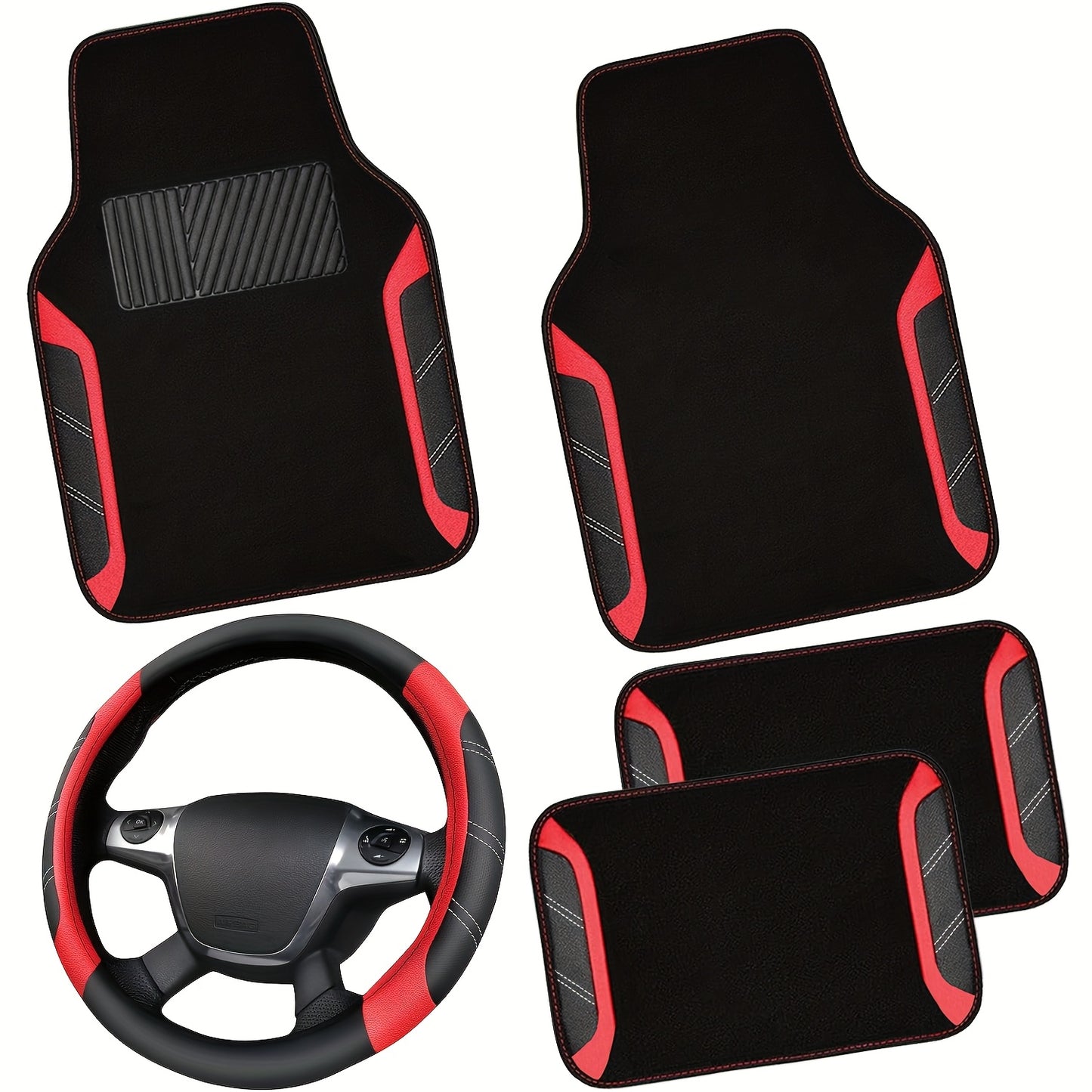 Steering Wheel Cover And Waterproof Car Floor Mats, Microfiber Universal Car Combo Fit for 95% Sedan, SUV, Cars, 14.5-15inch Sporty Anti-Slip Safety Comfortable Design