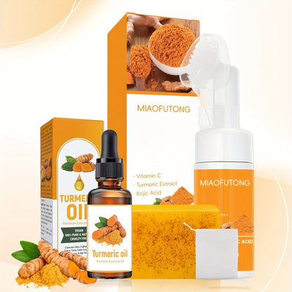 Turmeric Bath & Skin Care Set 3-Piece — Brightening Mousse, Soap & Oil for Hair, Face & Body, Gentle Moisturizing Cleanser Gift Set for Women All Skin Types