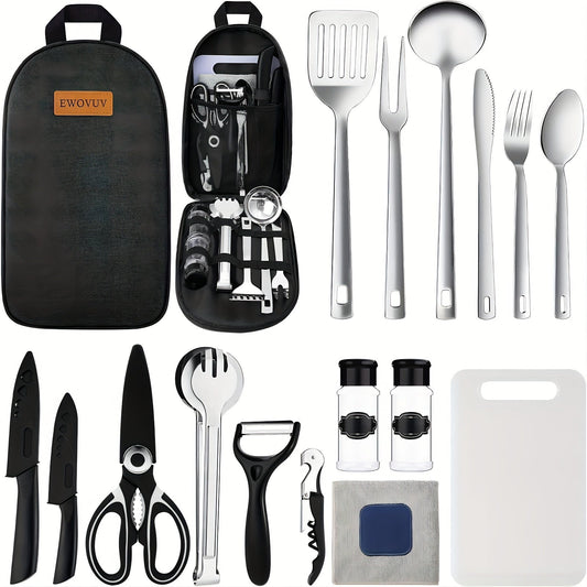 Portable Camp Kitchen Cooking Utensil Set with Water-Resistant Travel Organizer Case – Compact Grill Accessories Kit for Backpacking, BBQ, Camping & Hiking | Black