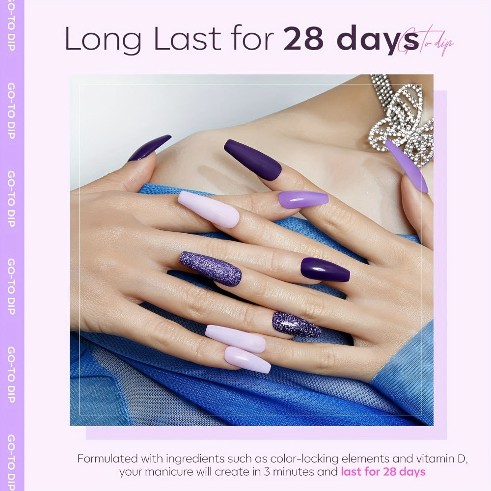 Dip Powder Nail Kit 4 Colors Lilac Lavender Purple Glitter - All-in-One Beginner Manicure Set with Base Coat Activator Top Coat No UV Lamp French Nail Art Home Salon