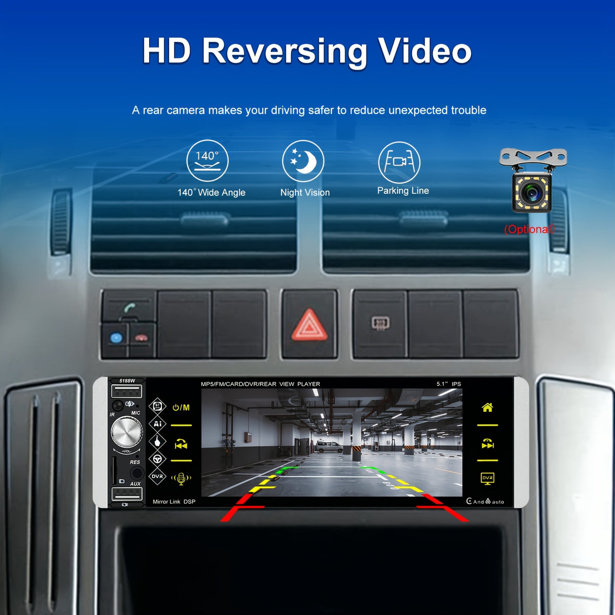 5.1 Inch Wireless Carplayer Car Stereo Single Din Touch Screen Car Radio with Wireless, Wireless Android Auto Mirror Link AM FM EQ SWC, Car Audio Receiver with USB/TF/AUX-in, Mic, Backup Cam