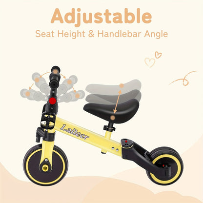 3-in-1 Toddler Balance Bike Convertible Tricycle for Kids Ages 2-5 Adjustable Foldable Rear Wheels Removable Pedals Trike Balance Bike Combo Birthday Gift Boys Girls