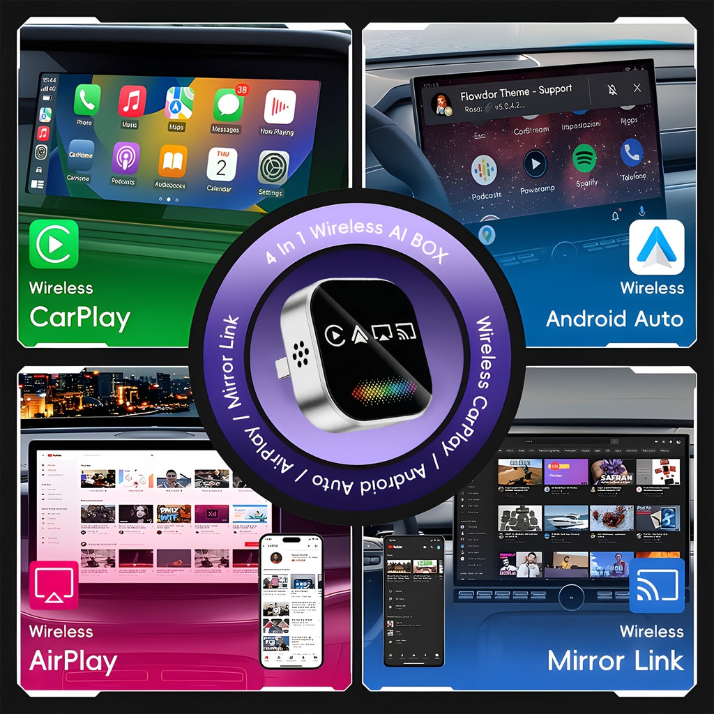 2026 Upgraded 4-in-1 Mini Wireless CarPlay Adapter, with Colorful Breathing Light, Plug & Play Wired to Wireless Converter for IOS CarPlay & Android Auto, BT 5.0, USB & USB-C Compatible