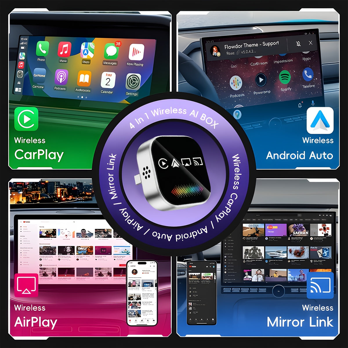 2026 Upgraded 4-in-1 Mini Wireless CarPlay Adapter, with Colorful Breathing Light, Plug & Play Wired to Wireless Converter for IOS CarPlay & Android Auto, BT 5.0, USB & USB-C Compatible