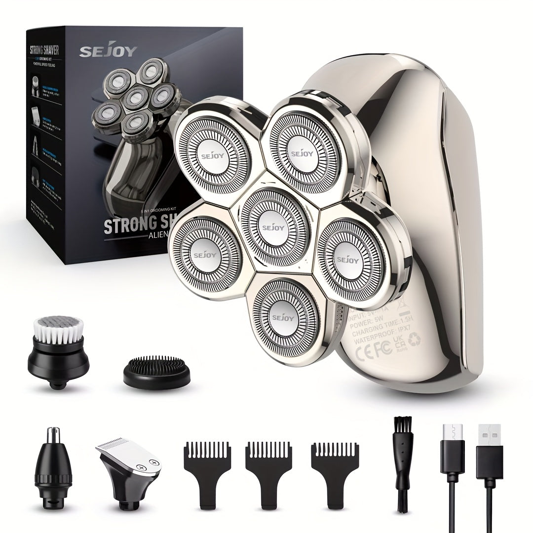 7D Head Shaver Bald Men 5-in-1 Waterproof Wet Dry Electric Razor – Type-C Rechargeable 6500-7500RPM Rotary Grooming Kit with Nose Hair Trimmer for Home & Travel, Perfect Gift for Men