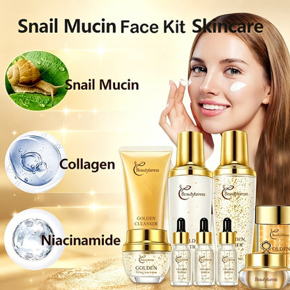 Collagen Skincare Set 9pcs - Korean Facial Serum Moisturizer Cream Hyaluronic Acid Firming Hydrating Anti Aging Luxury Gift Box, Complete Skincare Routine for All Skin Types Women