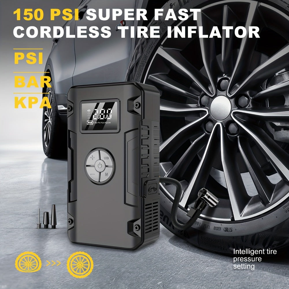 Jump Starter 10000A 7-in-1 with Air Pump – 150PSI Tire Inflator, Portable Battery Booster for Gas & Diesel, USB & USB-C Power Bank, LED Emergency Light