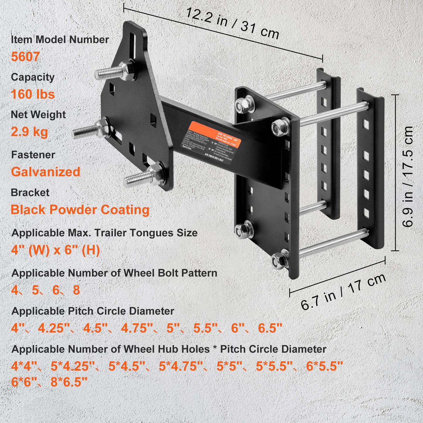 Trailer Spare Tire Carrier Mount 160 LBS - Steel Universal Spare Tire Holder for Utility Marine Trailer, Fits 4 5 6 8 Lug Wheels, No-Drill Install, Galvanized Hardware Included