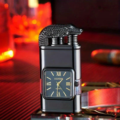 Double Flame Torch Lighter for Men – Windproof Refillable Butane Lighter with Vintage Quartz Dial, Zinc Alloy Body, Gift Box Included, Outdoor Camping BBQ Survival, Unique Engraved Style (Butane Not Included)