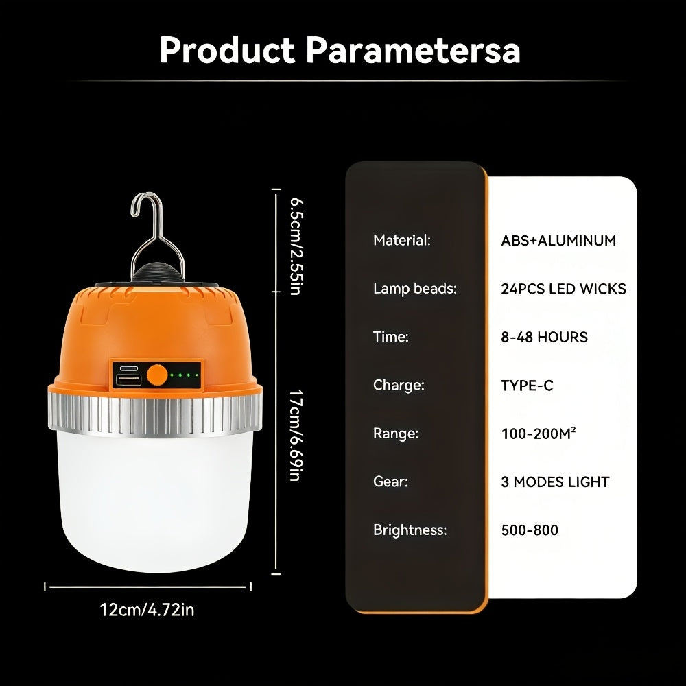 Rechargeable LED Camping Lantern with Power Bank USB Outdoor Hanging Tent Light Built-in Battery Emergency Lamp for Camping BBQ Hiking Patio Backpacking Portable Camp Light Orange